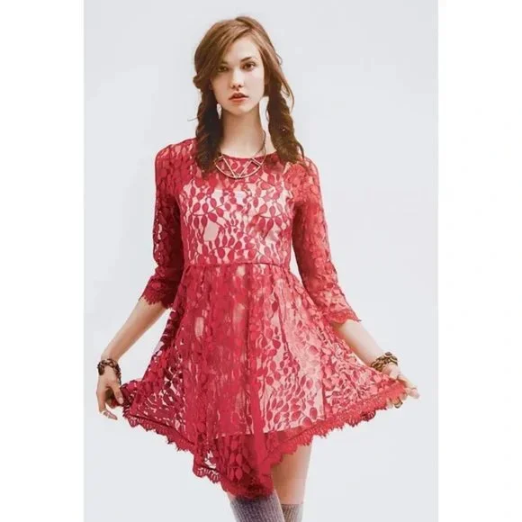 knee length dresses for ladies 3/4 Sleeve V-Neck Hollow Red Lace Dress Short main image 1